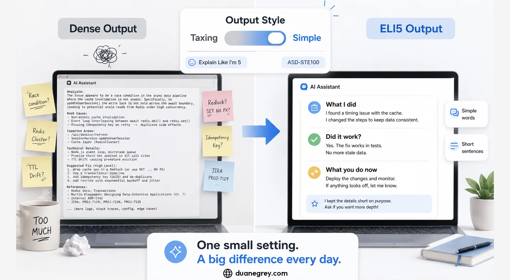 A side-by-side comparison of a dense, jargon-heavy AI response and the same answer rewritten in short plain sentences under an ELI5 output-style setting.